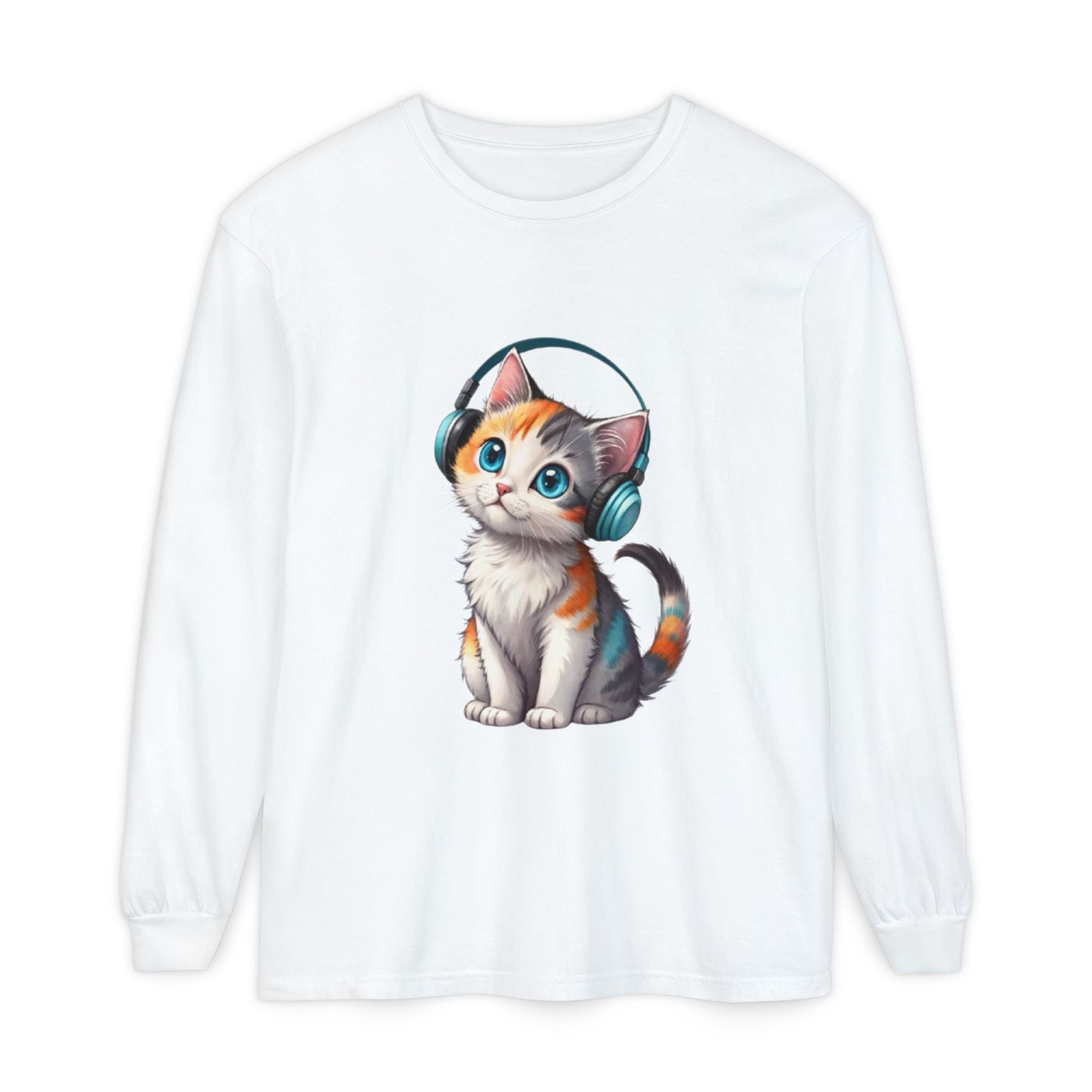 Calico Kitten with Headphones Long Sleeve T-Shirt | Cute Cat Graphic