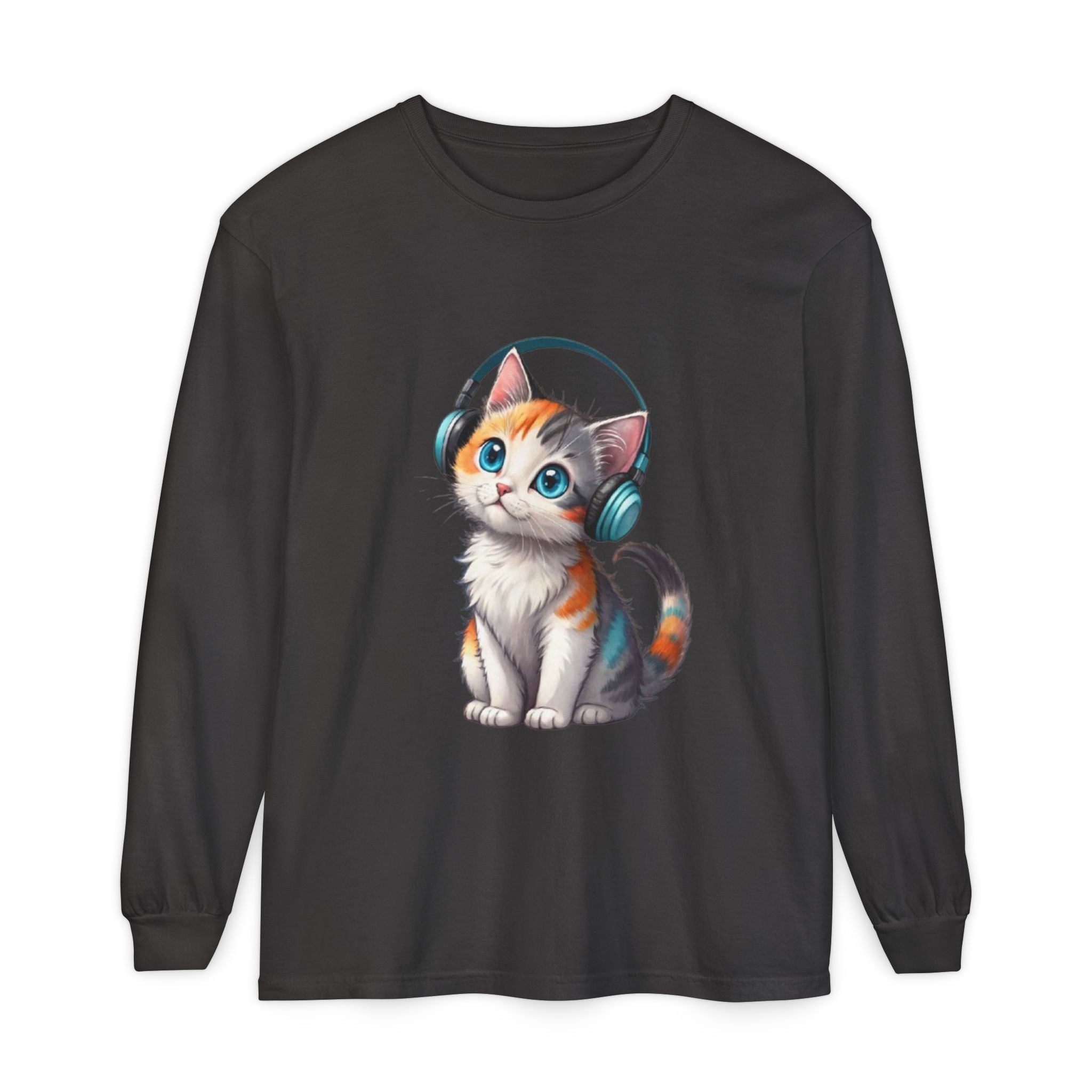 Calico Kitten with Headphones Long Sleeve T-Shirt | Cute Cat Graphic