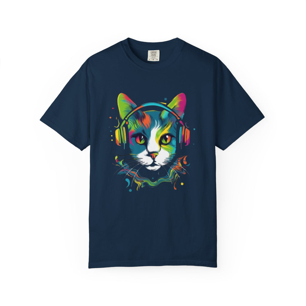 Neon Cat with Headphones T-shirt | Colorful Music Cat Tee
