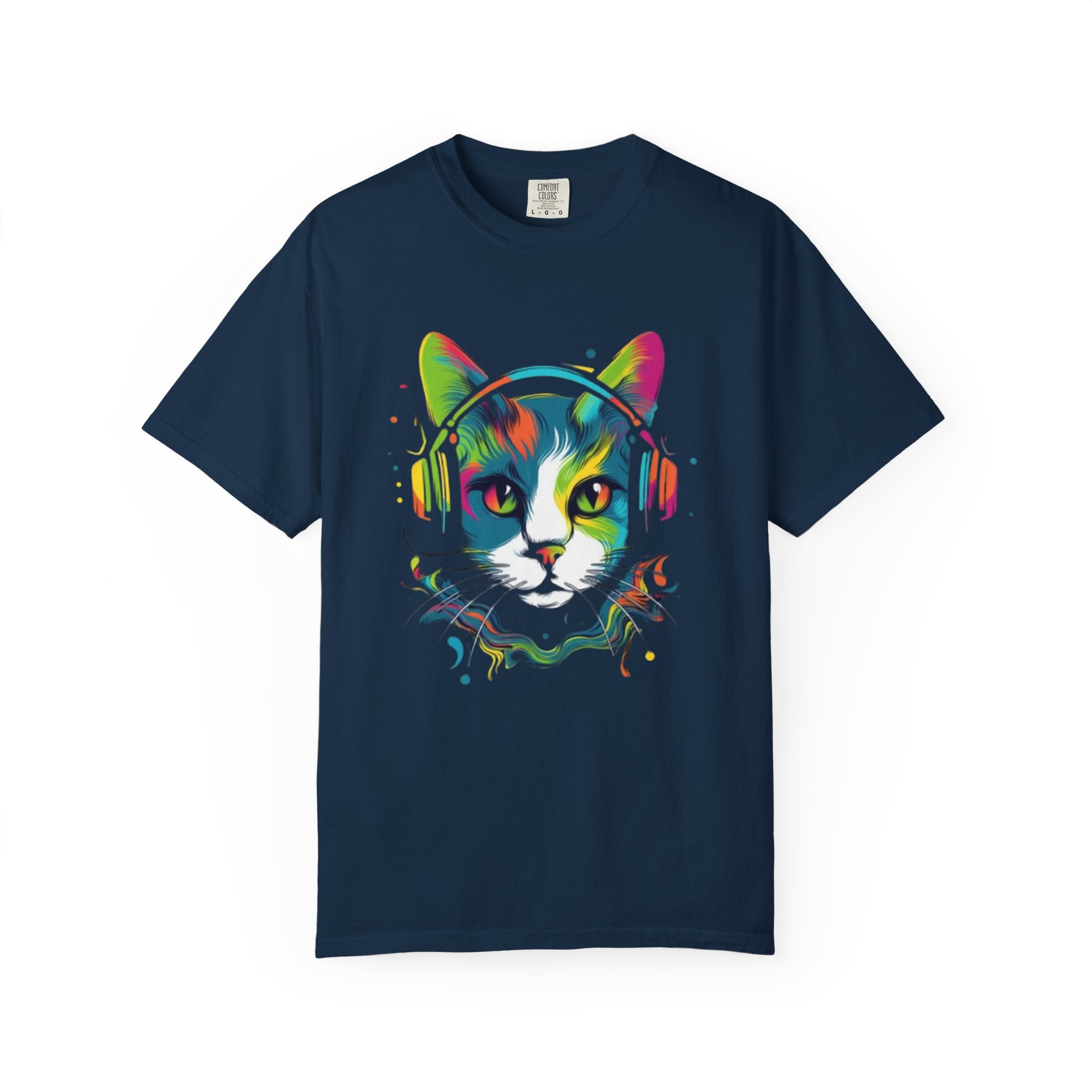 Neon Cat with Headphones T-shirt | Colorful Music Cat Tee