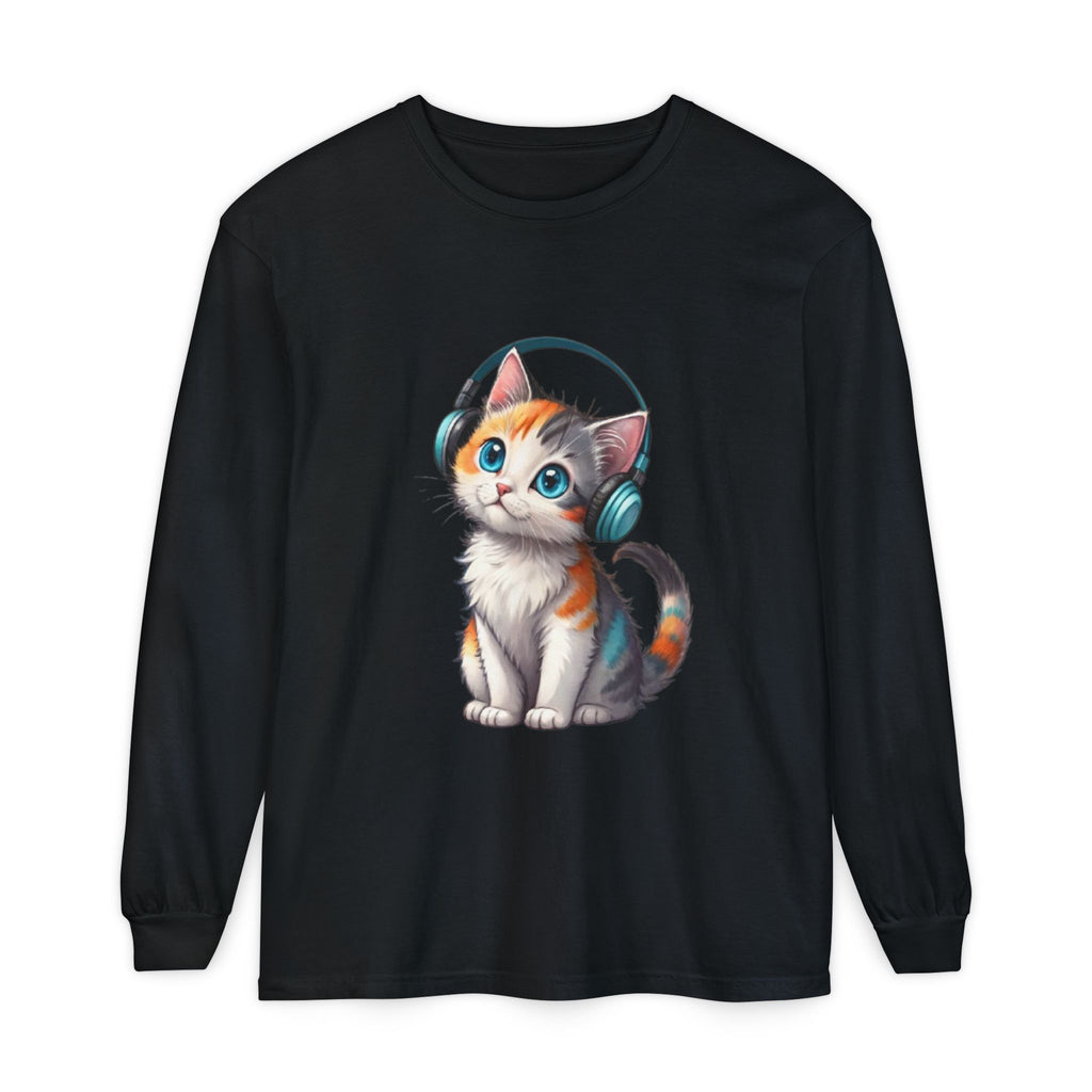 Calico Kitten with Headphones Long Sleeve T-Shirt | Cute Cat Graphic