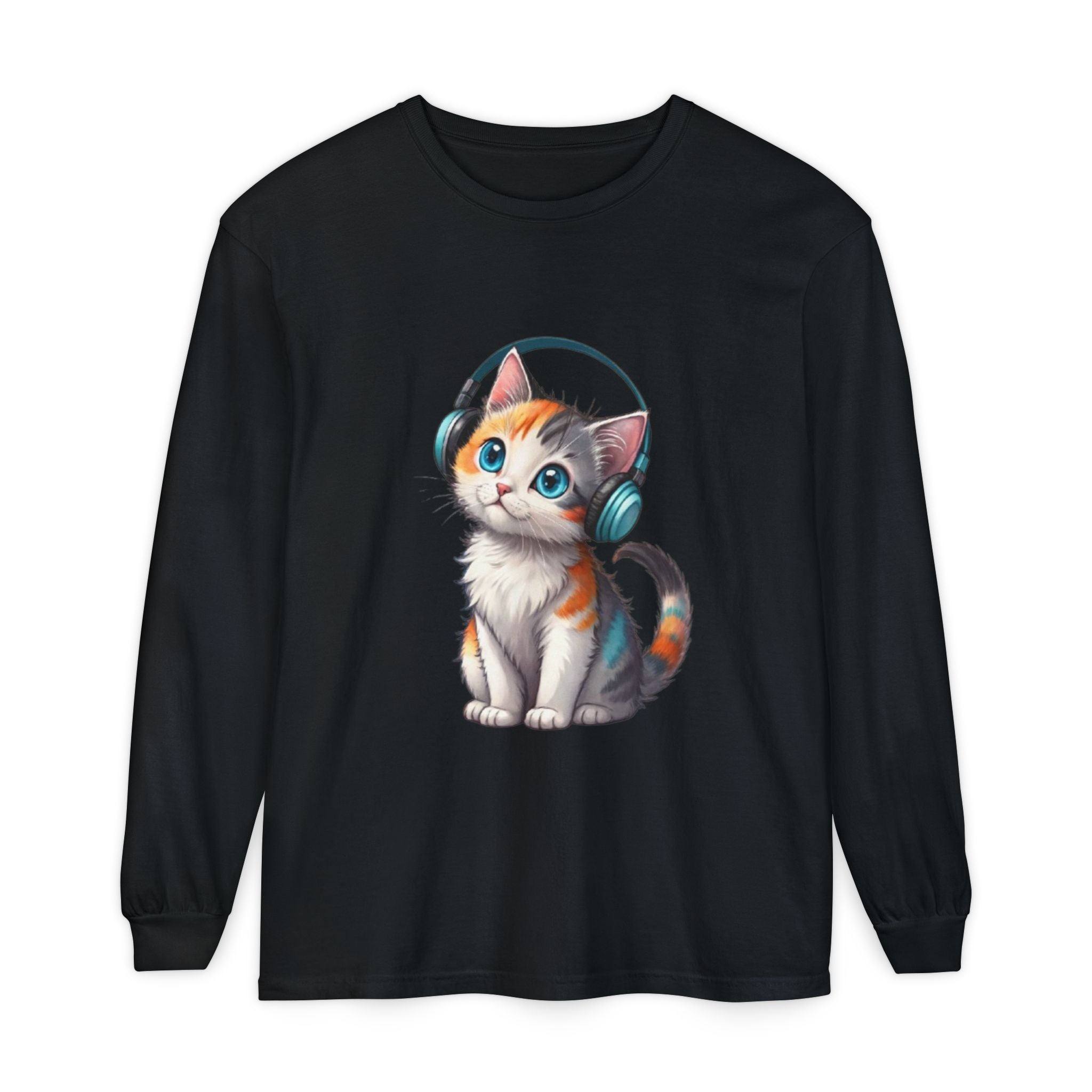 Calico Kitten with Headphones Long Sleeve T-Shirt | Cute Cat Graphic