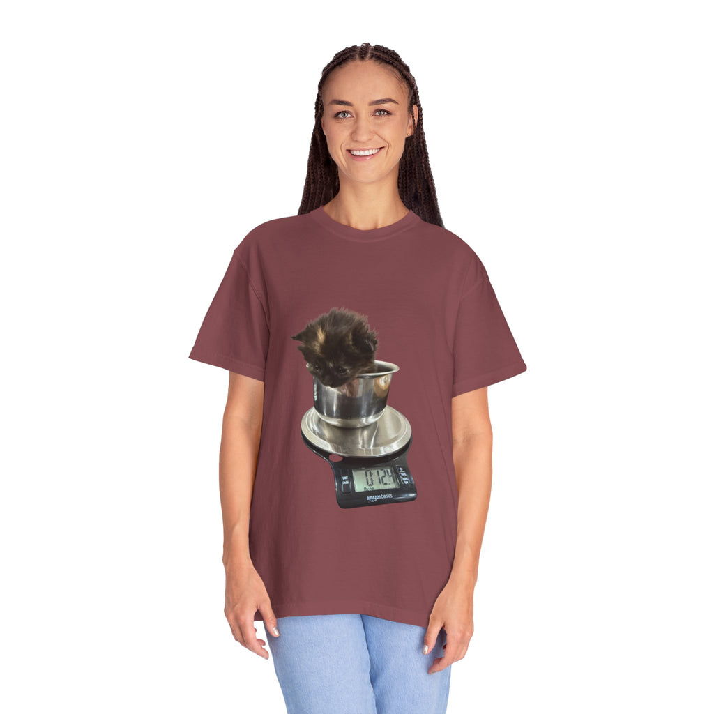 Kitten on Kitchen Scale T-Shirt | Cute Cat Weighing Design