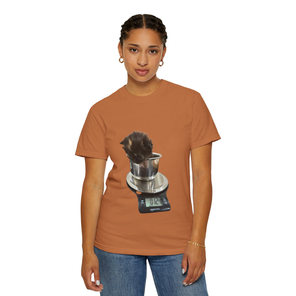Kitten on Kitchen Scale T-Shirt | Cute Cat Weighing Design