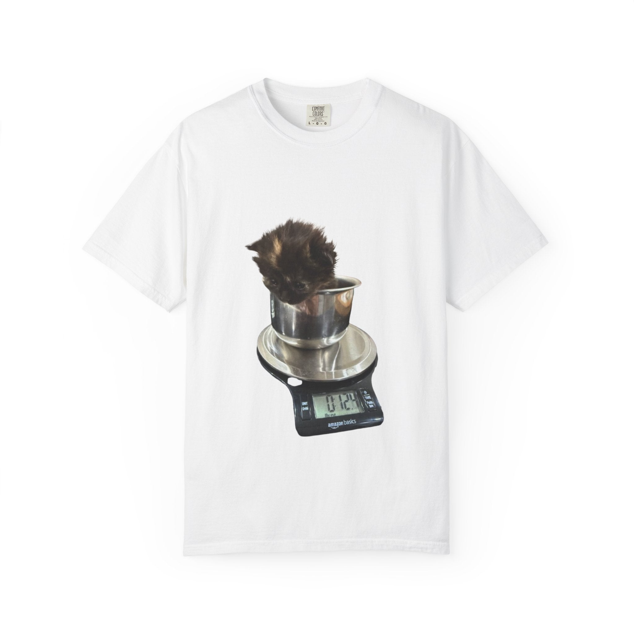 Kitten on Kitchen Scale T-Shirt | Cute Cat Weighing Design