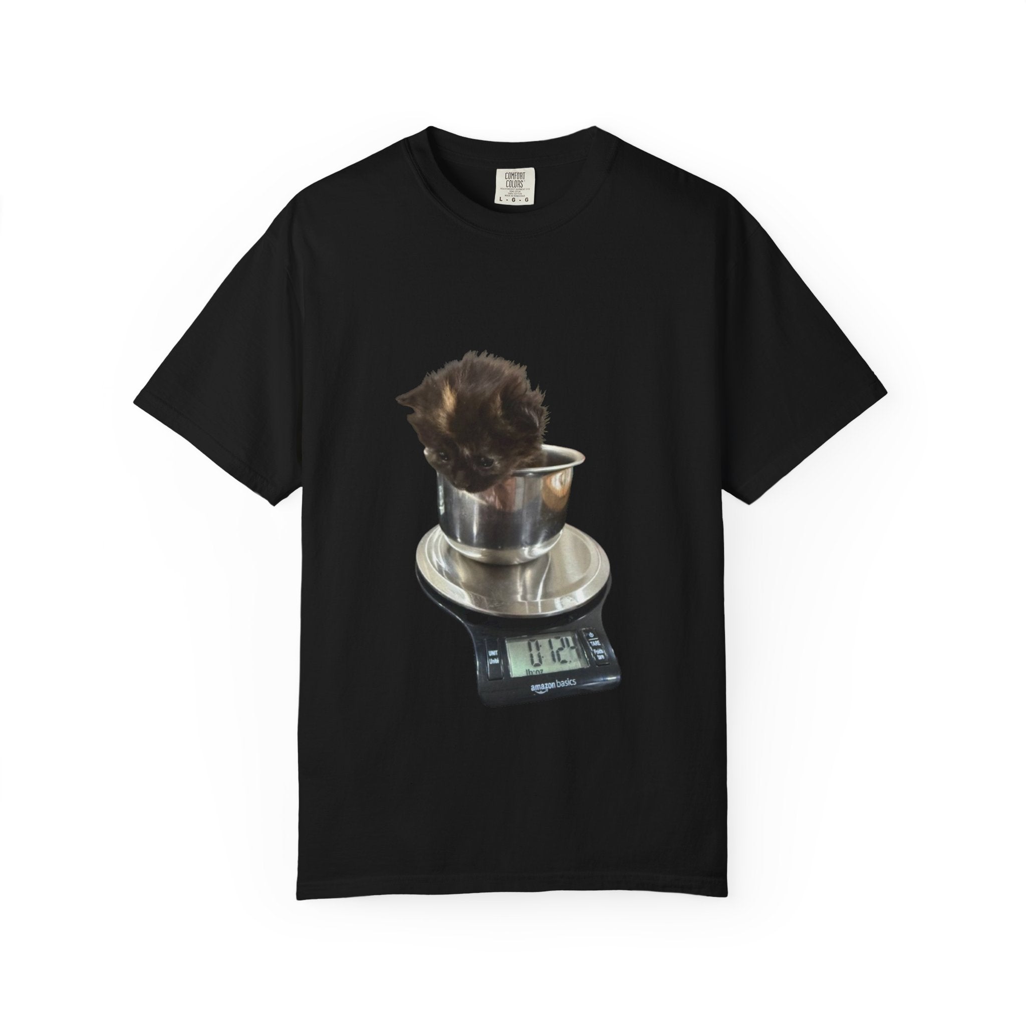 Kitten on Kitchen Scale T-Shirt | Cute Cat Weighing Design