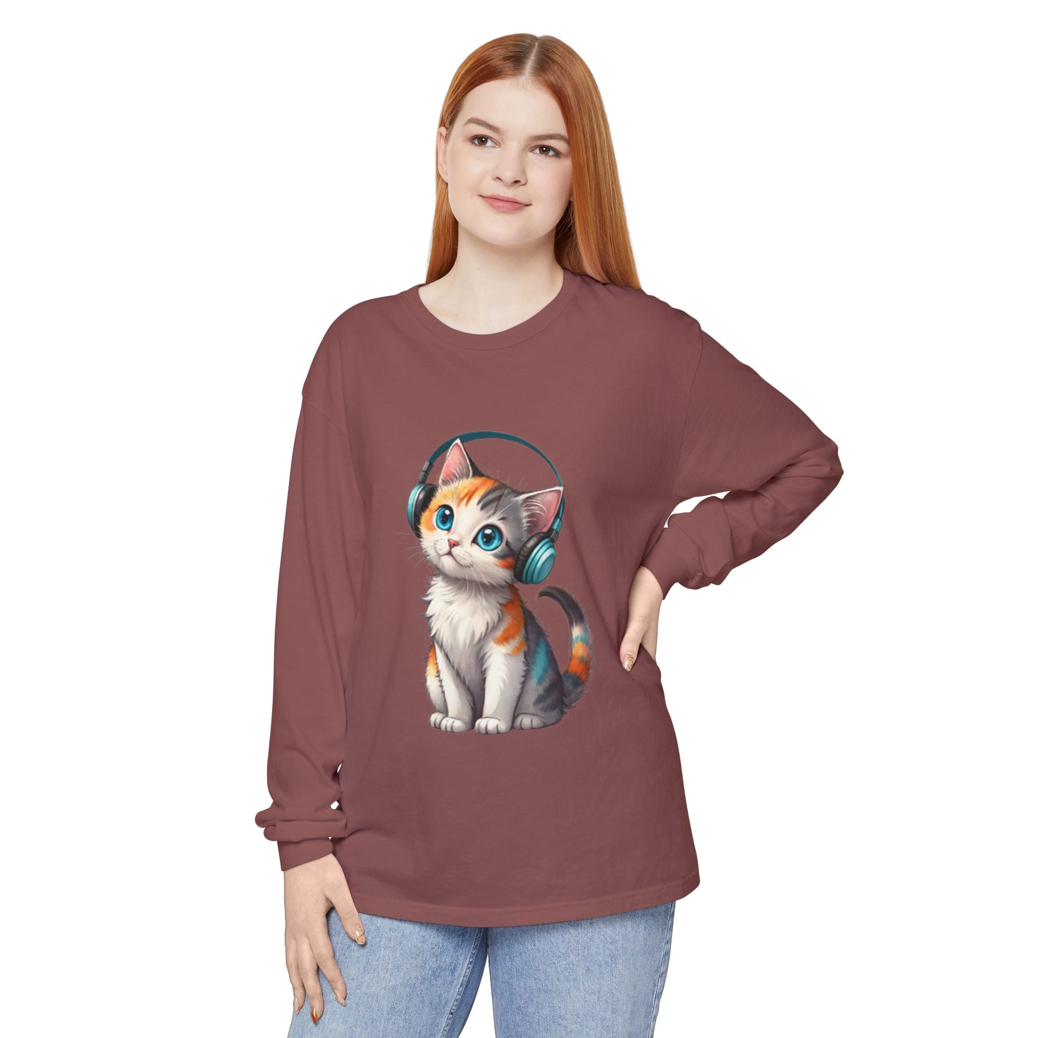 Calico Kitten with Headphones Long Sleeve T-Shirt | Cute Cat Graphic