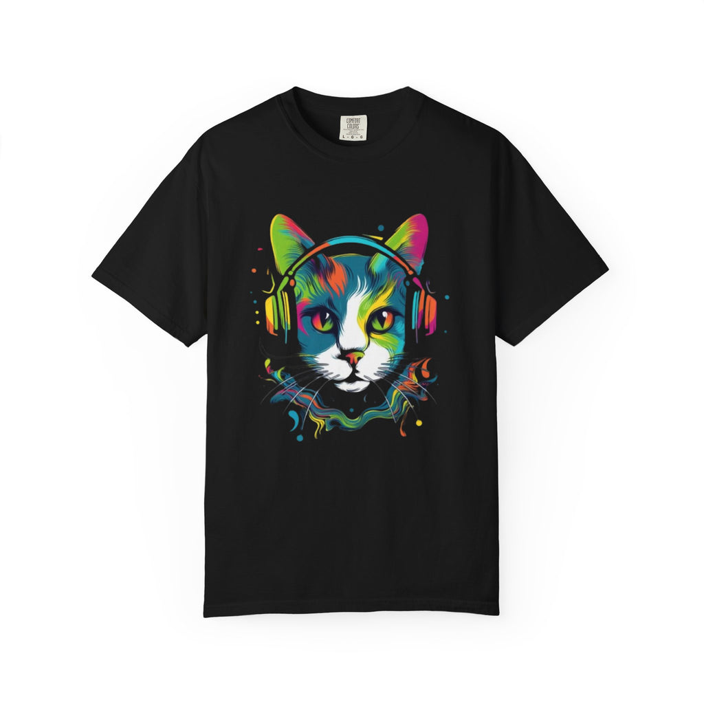 Neon Cat with Headphones T-shirt | Colorful Music Cat Tee