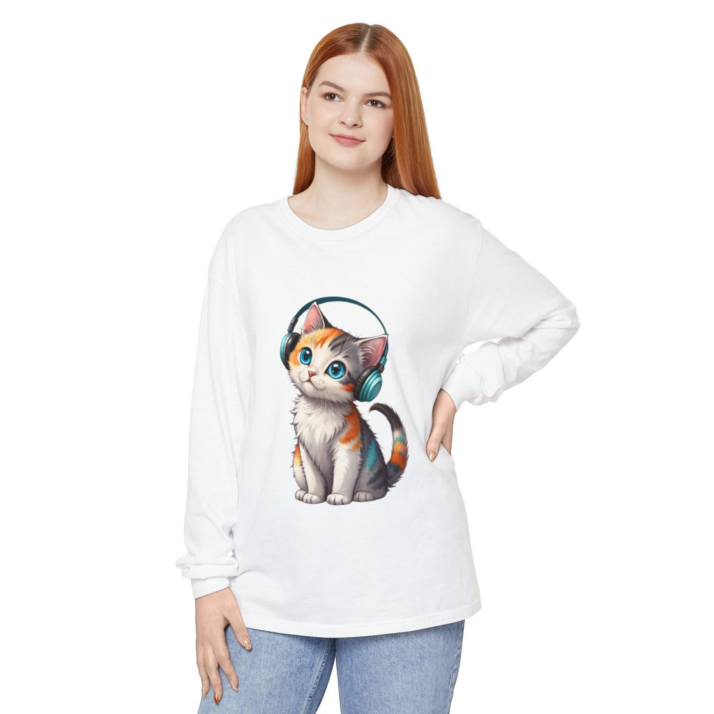 Calico Kitten with Headphones Long Sleeve T-Shirt | Cute Cat Graphic