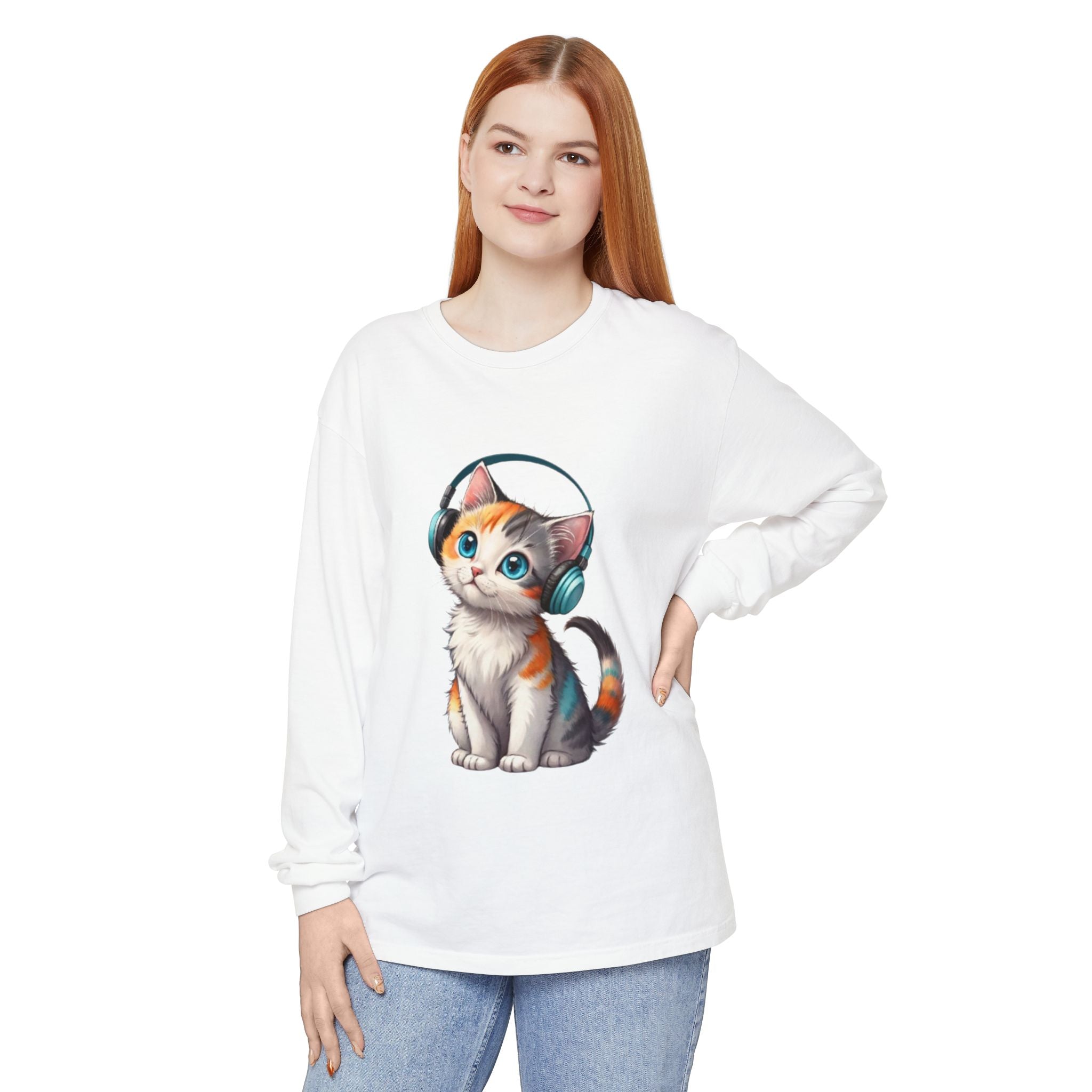 Calico Kitten with Headphones Long Sleeve T-Shirt | Cute Cat Graphic