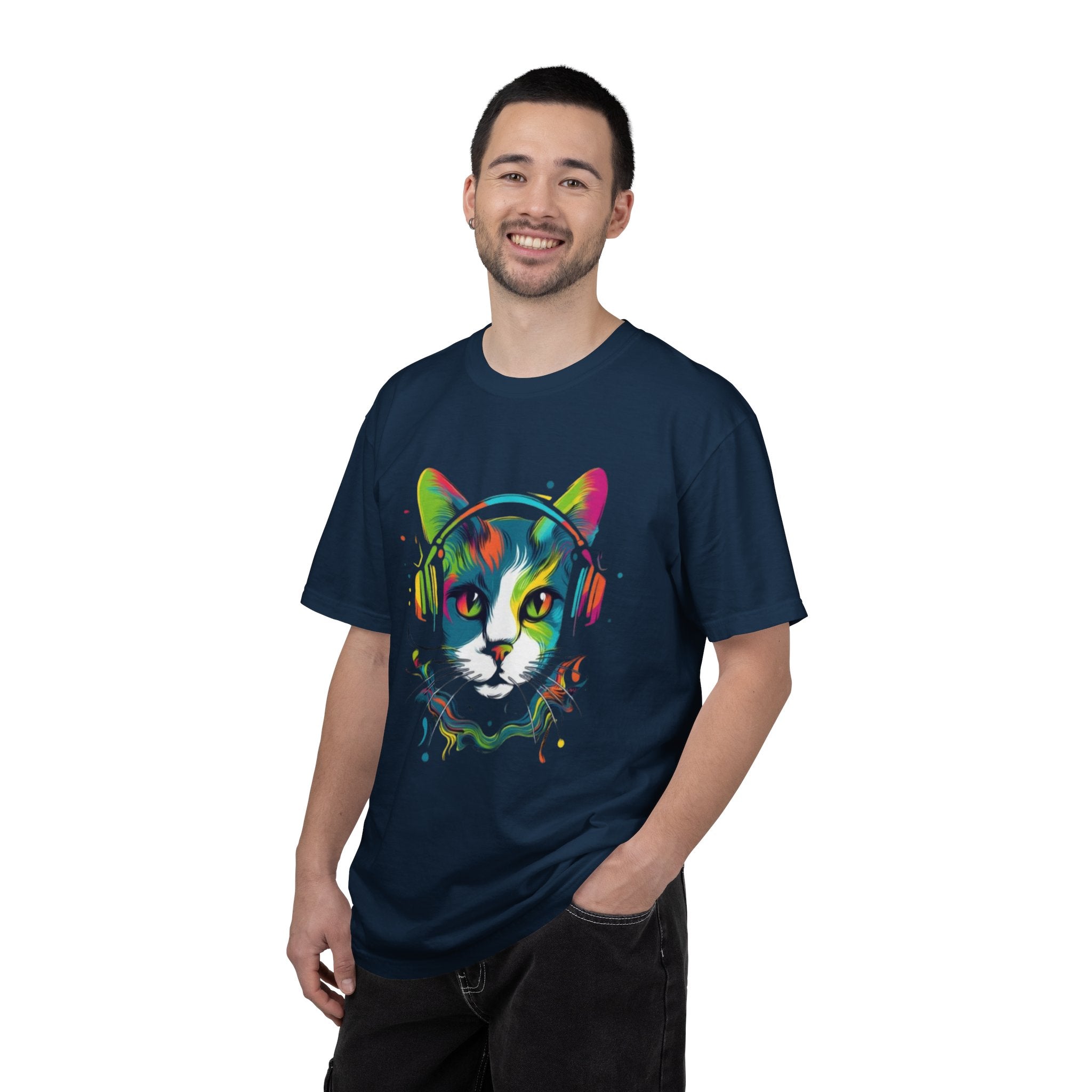 Neon Cat with Headphones T-shirt | Colorful Music Cat Tee