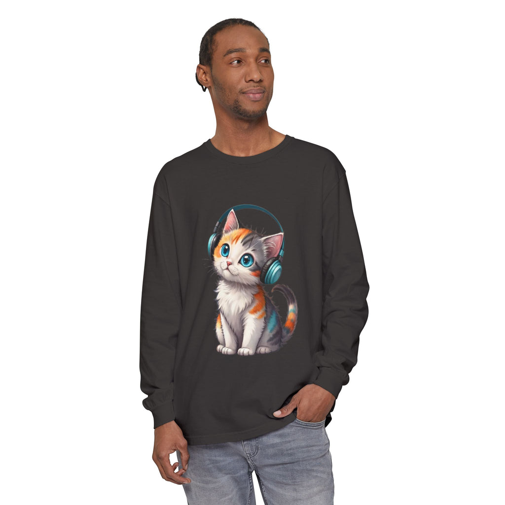 Calico Kitten with Headphones Long Sleeve T-Shirt | Cute Cat Graphic