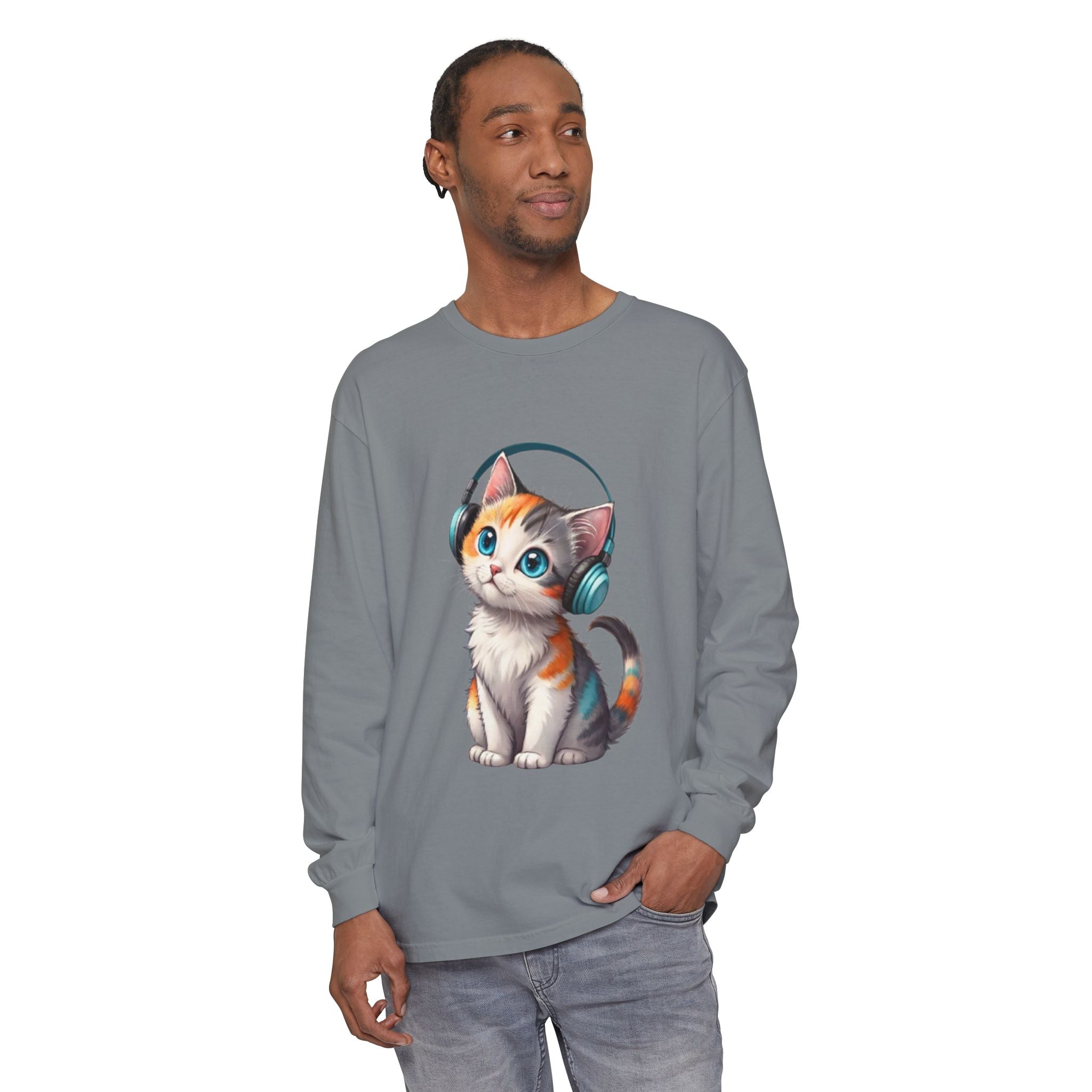 Calico Kitten with Headphones Long Sleeve T-Shirt | Cute Cat Graphic
