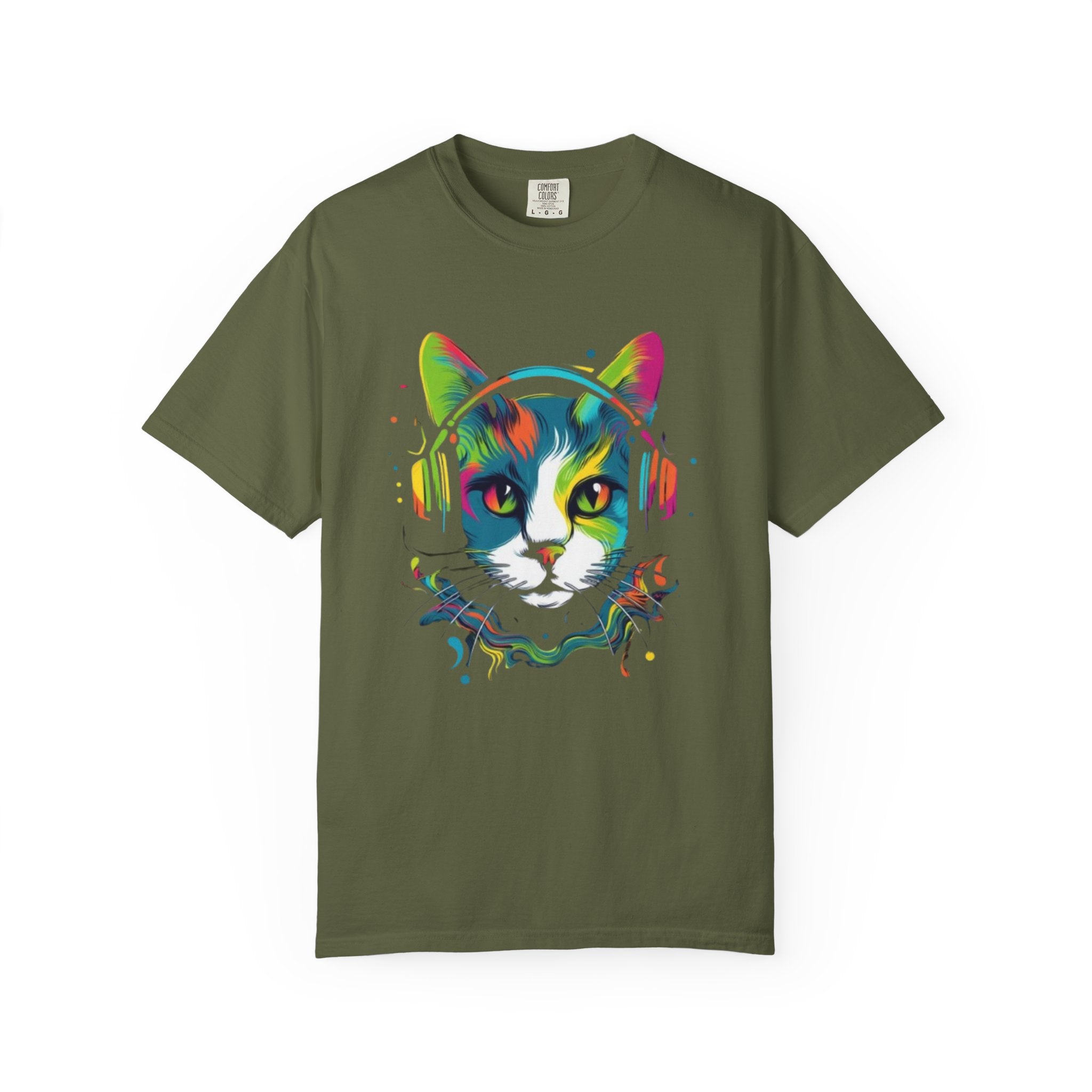 Neon Cat with Headphones T-shirt | Colorful Music Cat Tee