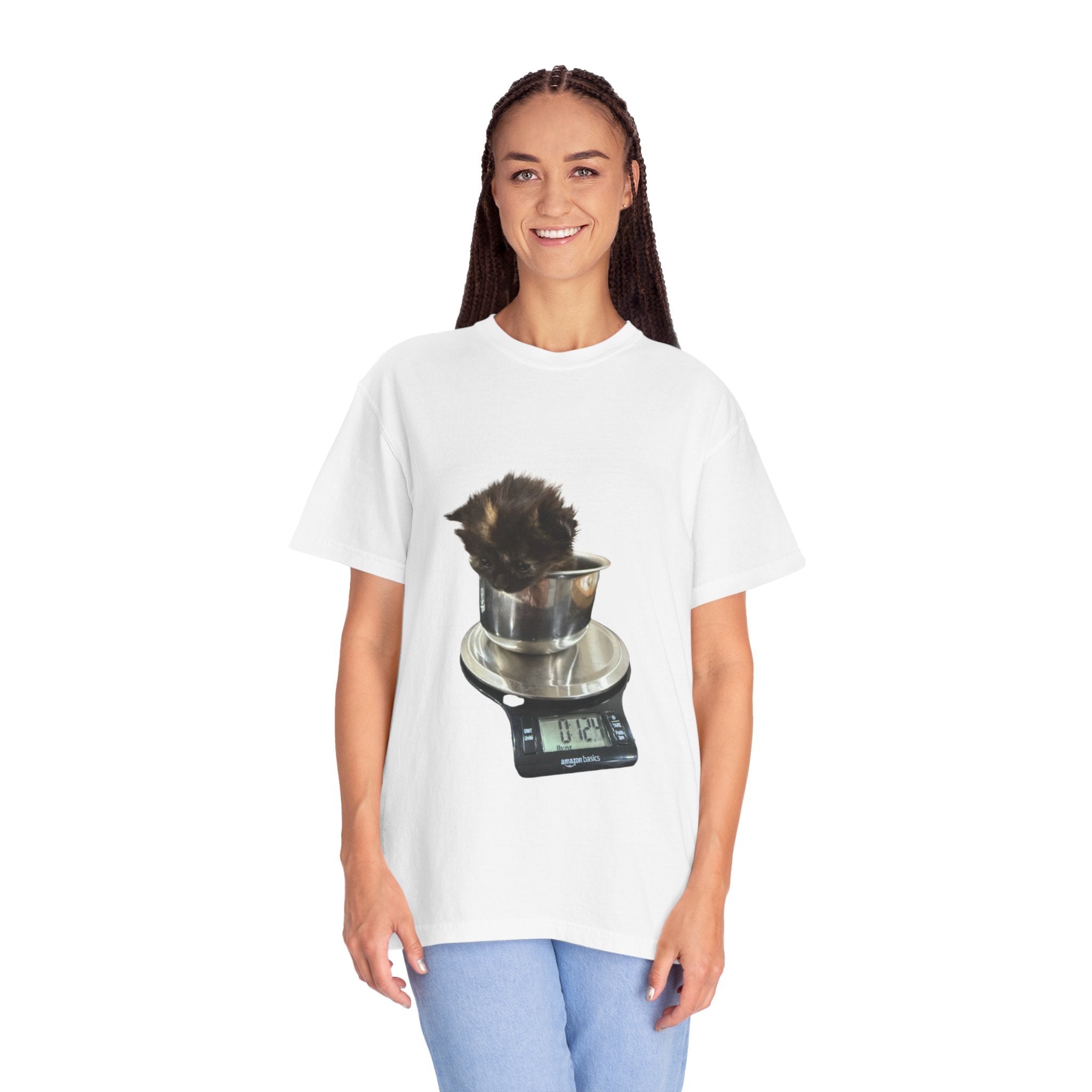 Kitten on Kitchen Scale T-Shirt | Cute Cat Weighing Design