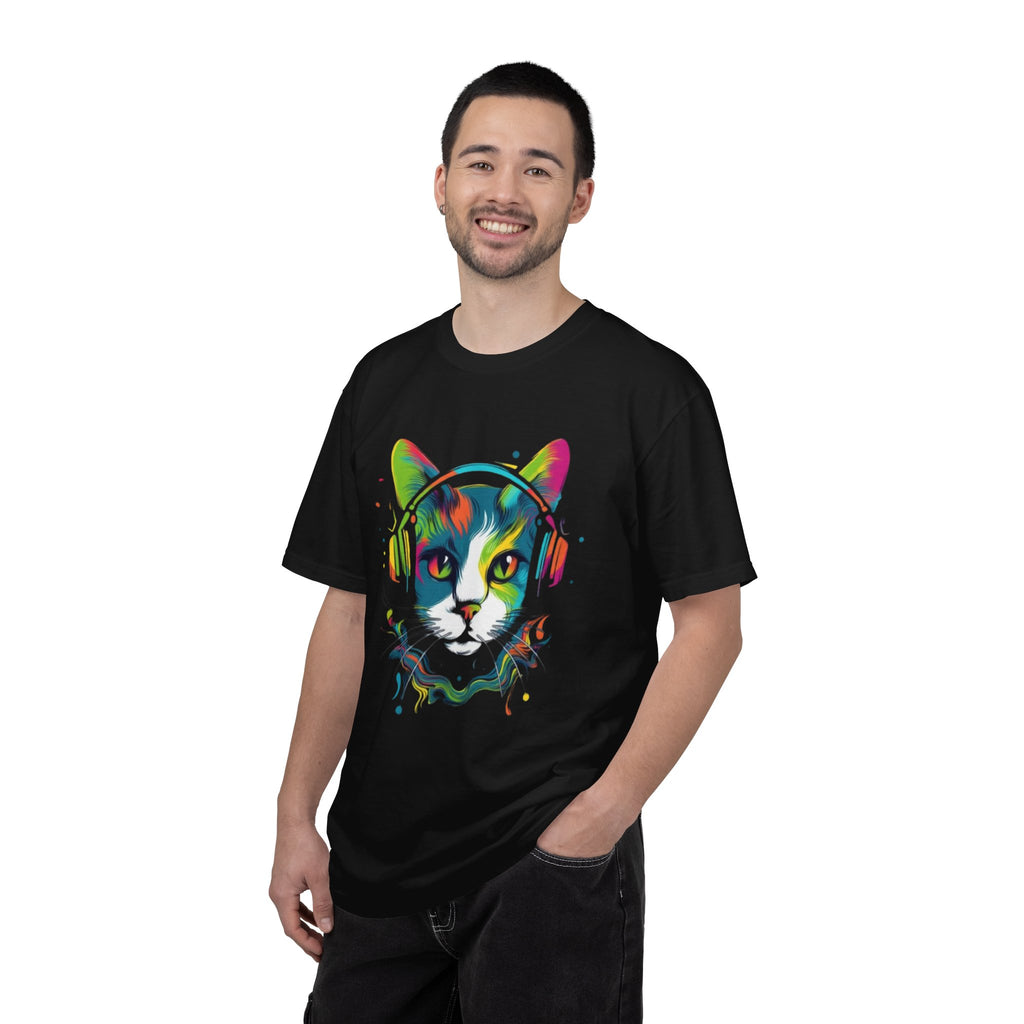Neon Cat with Headphones T-shirt | Colorful Music Cat Tee