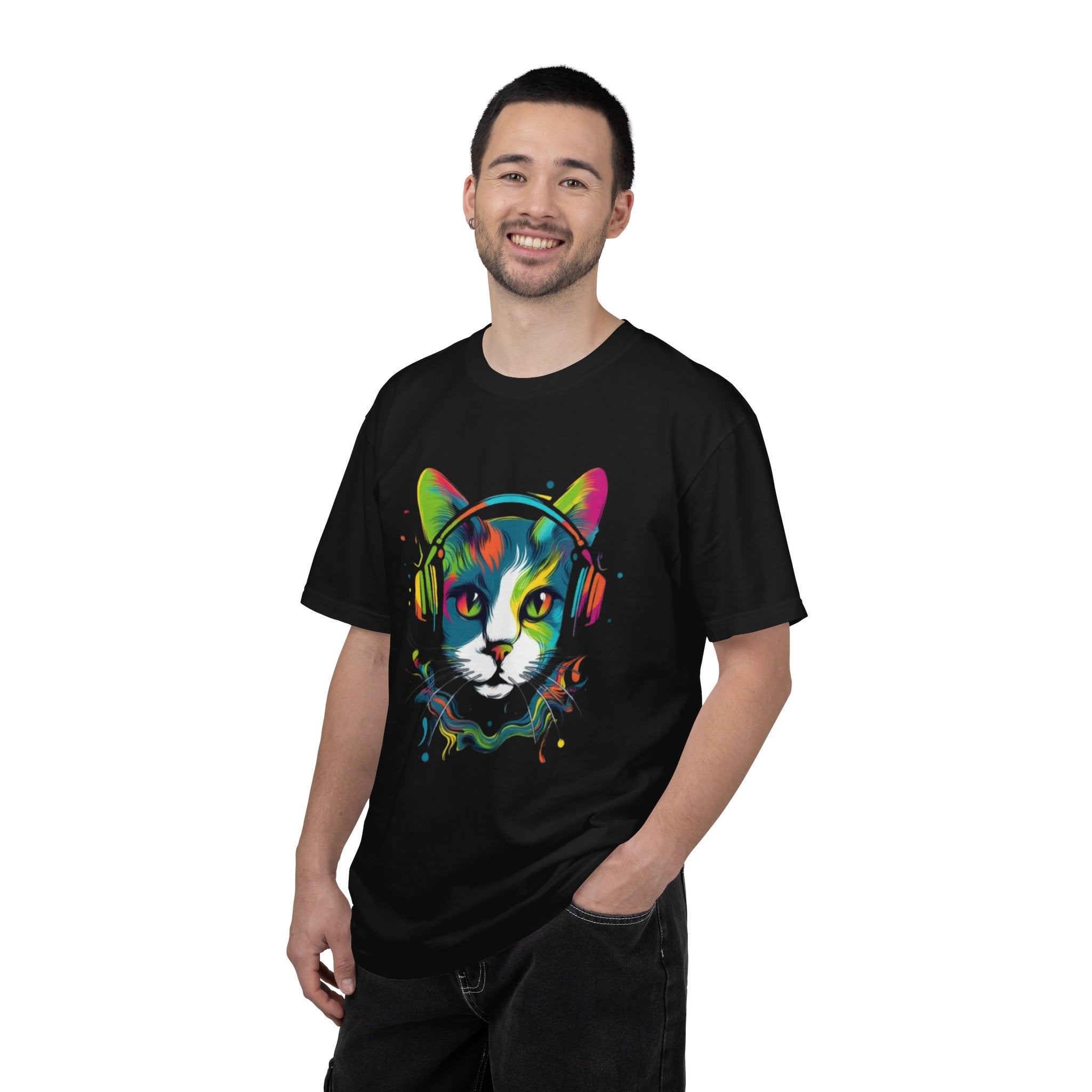 Neon Cat with Headphones T-shirt | Colorful Music Cat Tee