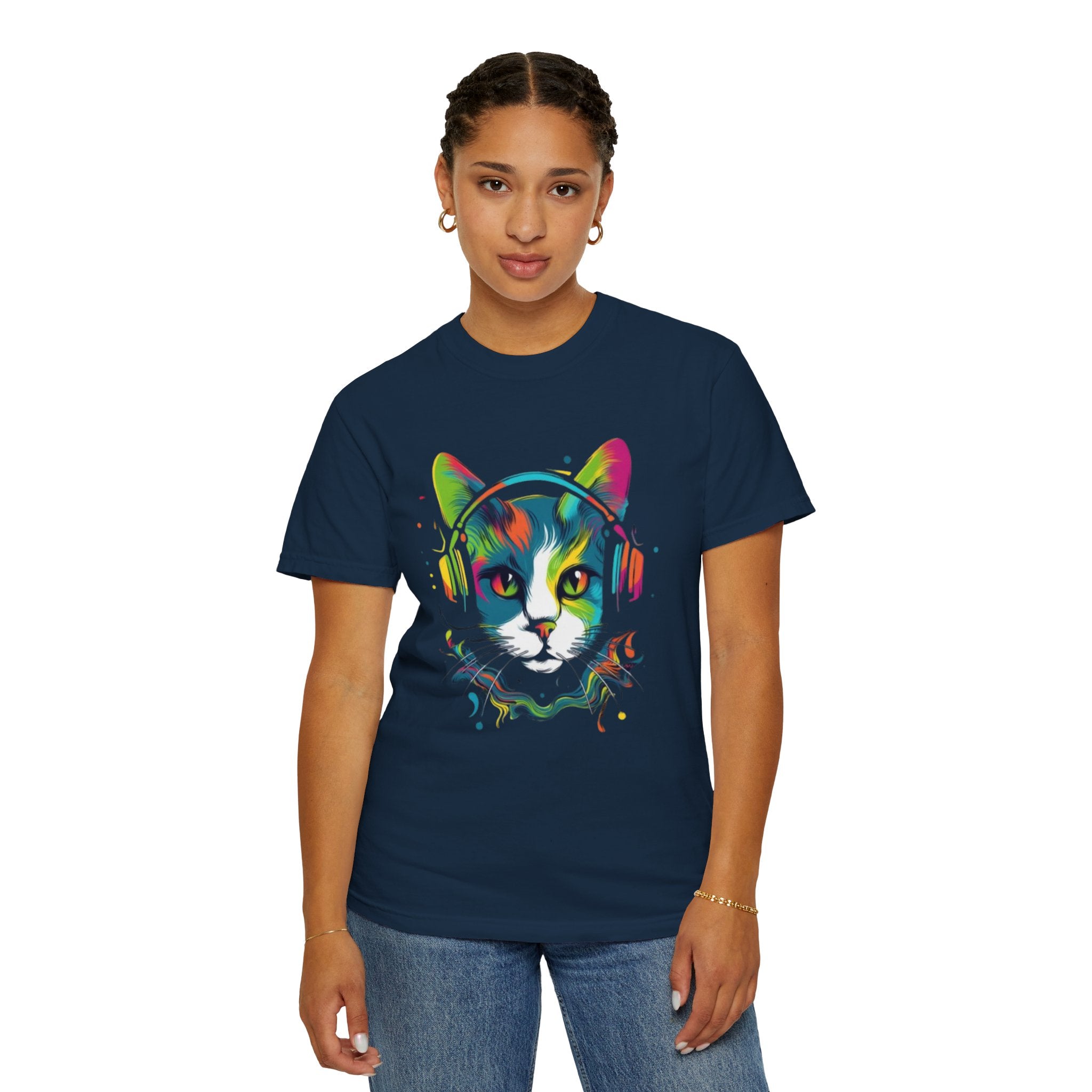 Neon Cat with Headphones T-shirt | Colorful Music Cat Tee