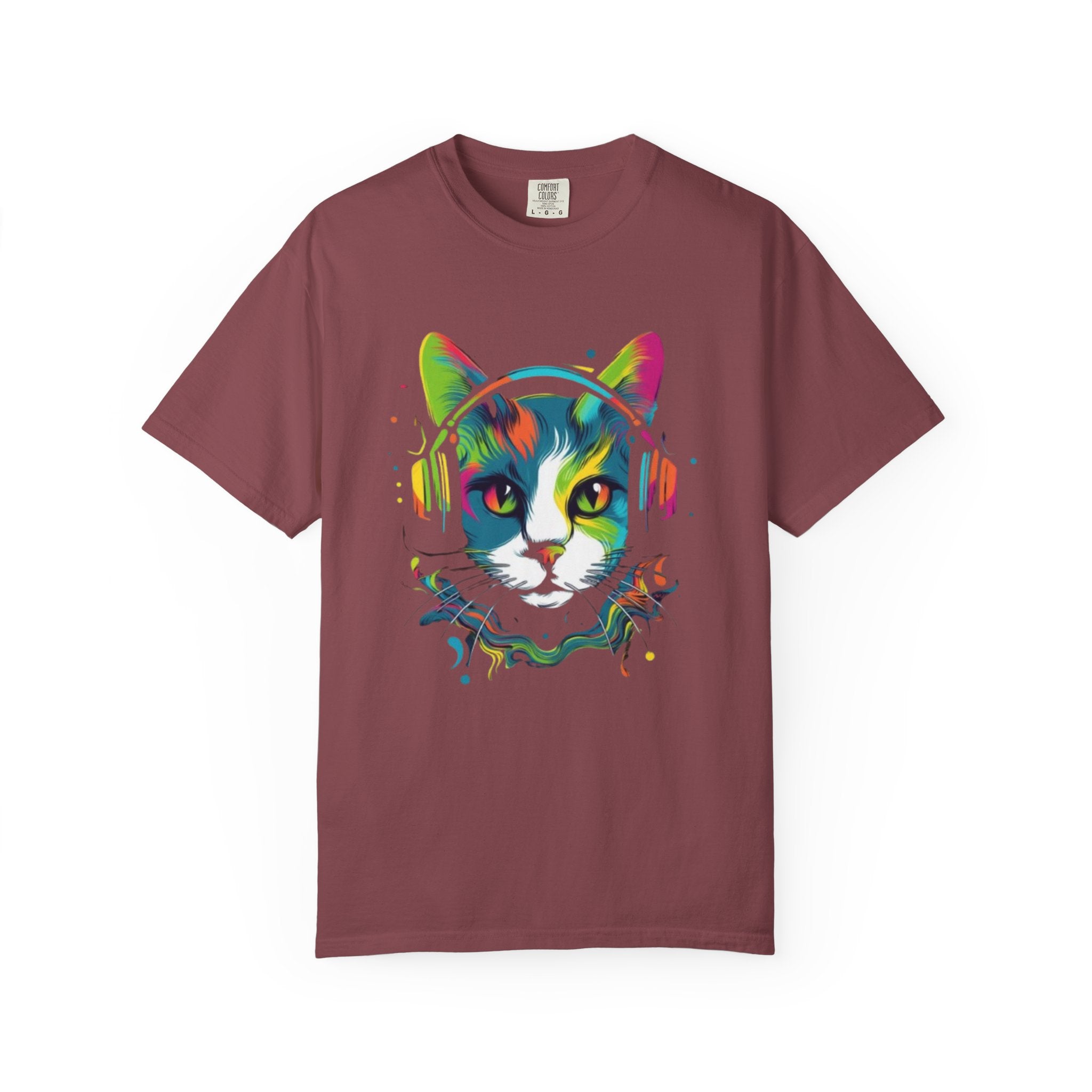 Neon Cat with Headphones T-shirt | Colorful Music Cat Tee