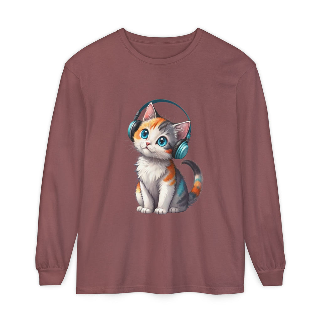 Calico Kitten with Headphones Long Sleeve T-Shirt | Cute Cat Graphic