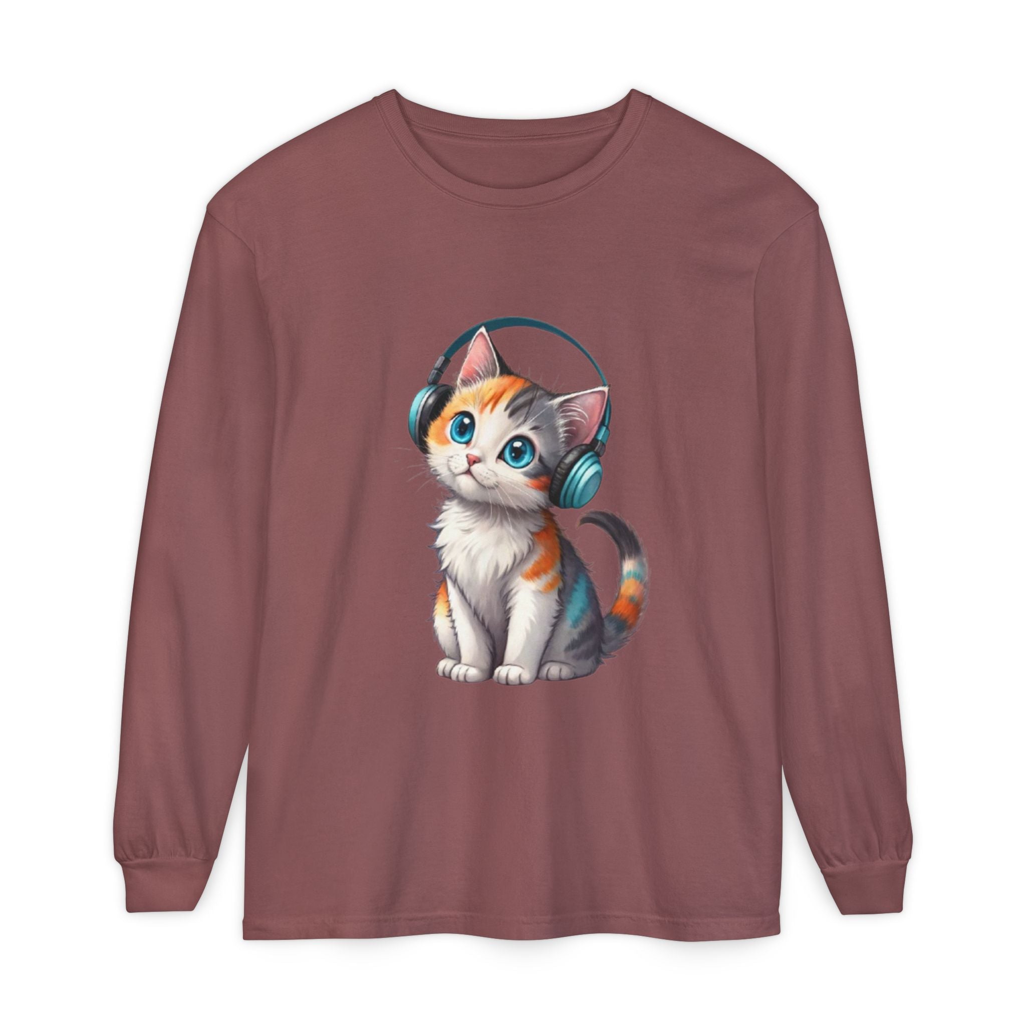 Calico Kitten with Headphones Long Sleeve T-Shirt | Cute Cat Graphic
