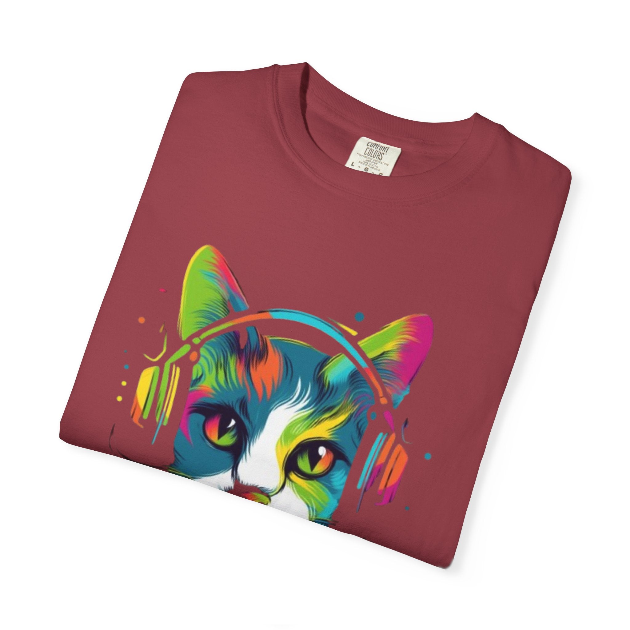 Neon Cat with Headphones T-shirt | Colorful Music Cat Tee