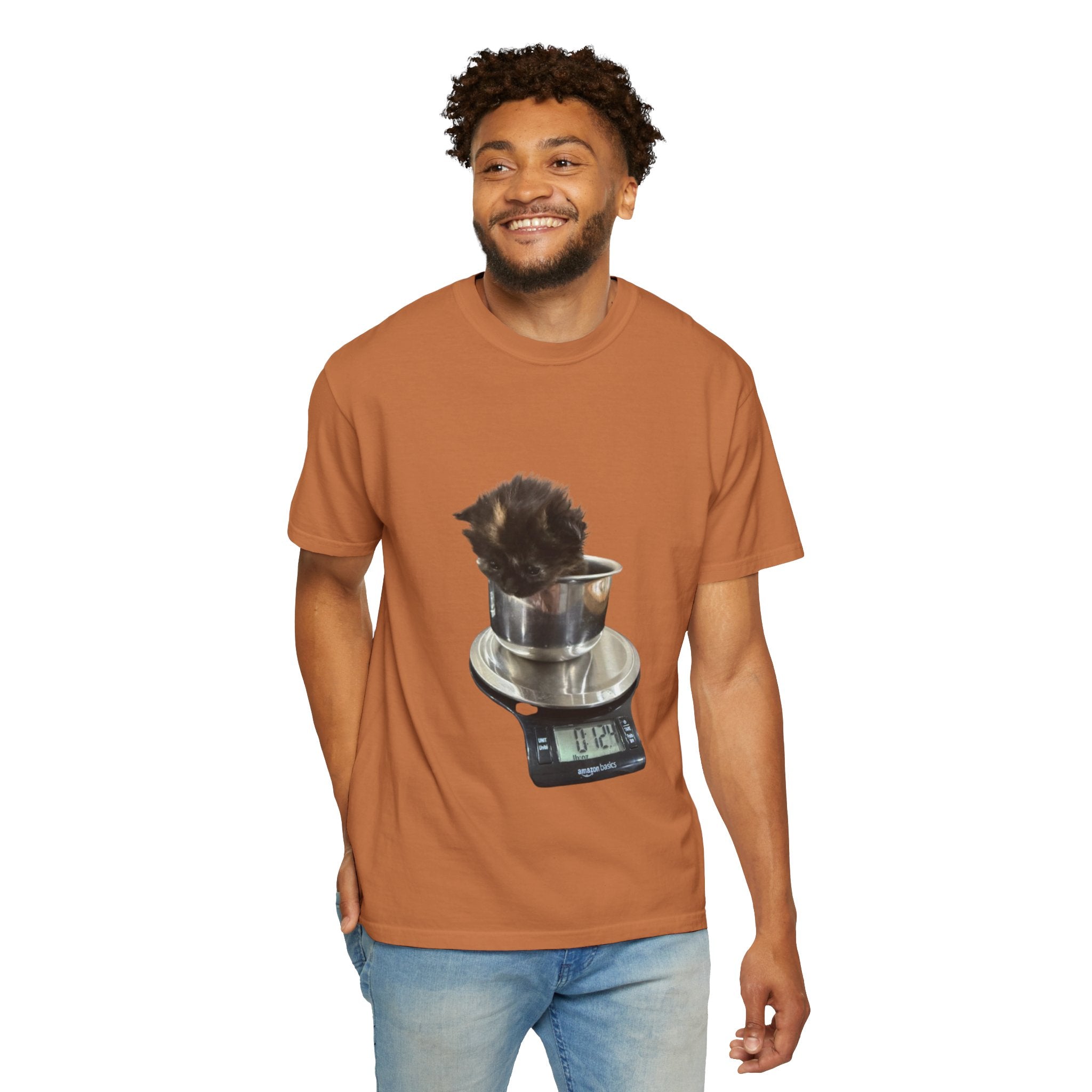 Kitten on Kitchen Scale T-Shirt | Cute Cat Weighing Design