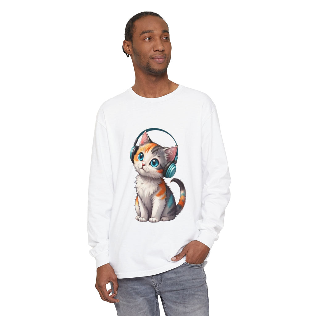 Calico Kitten with Headphones Long Sleeve T-Shirt | Cute Cat Graphic