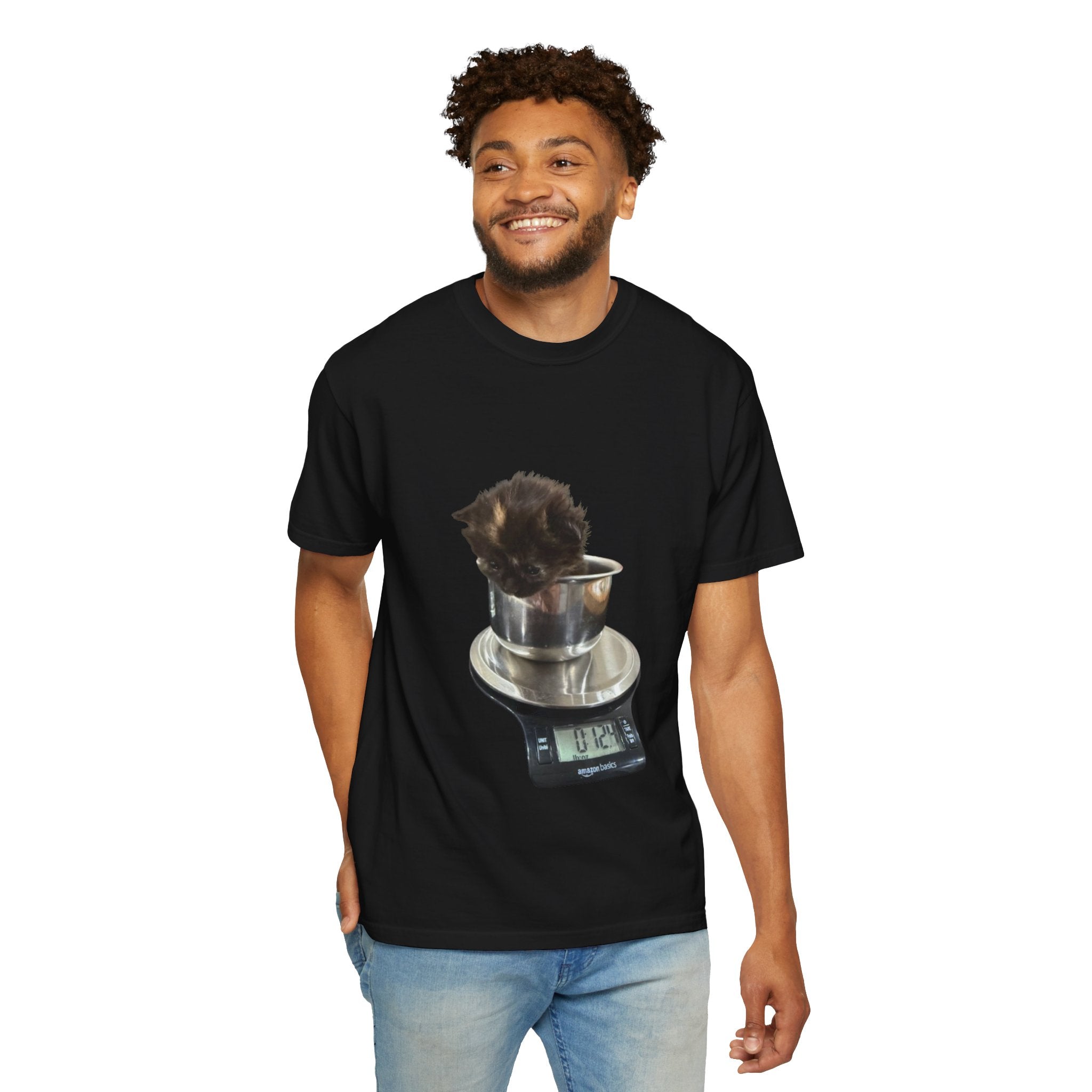 Kitten on Kitchen Scale T-Shirt | Cute Cat Weighing Design