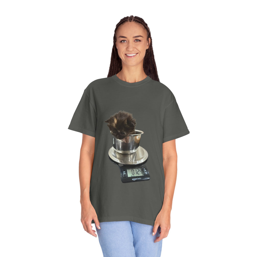 Kitten on Kitchen Scale T-Shirt | Cute Cat Weighing Design