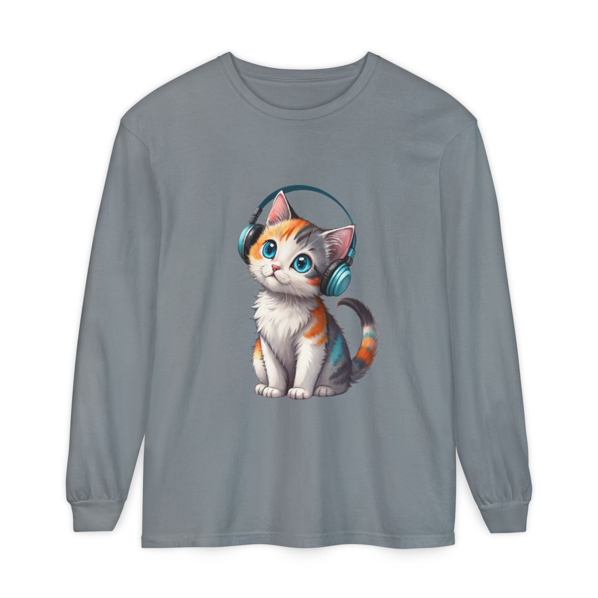 Calico Kitten with Headphones Long Sleeve T-Shirt | Cute Cat Graphic