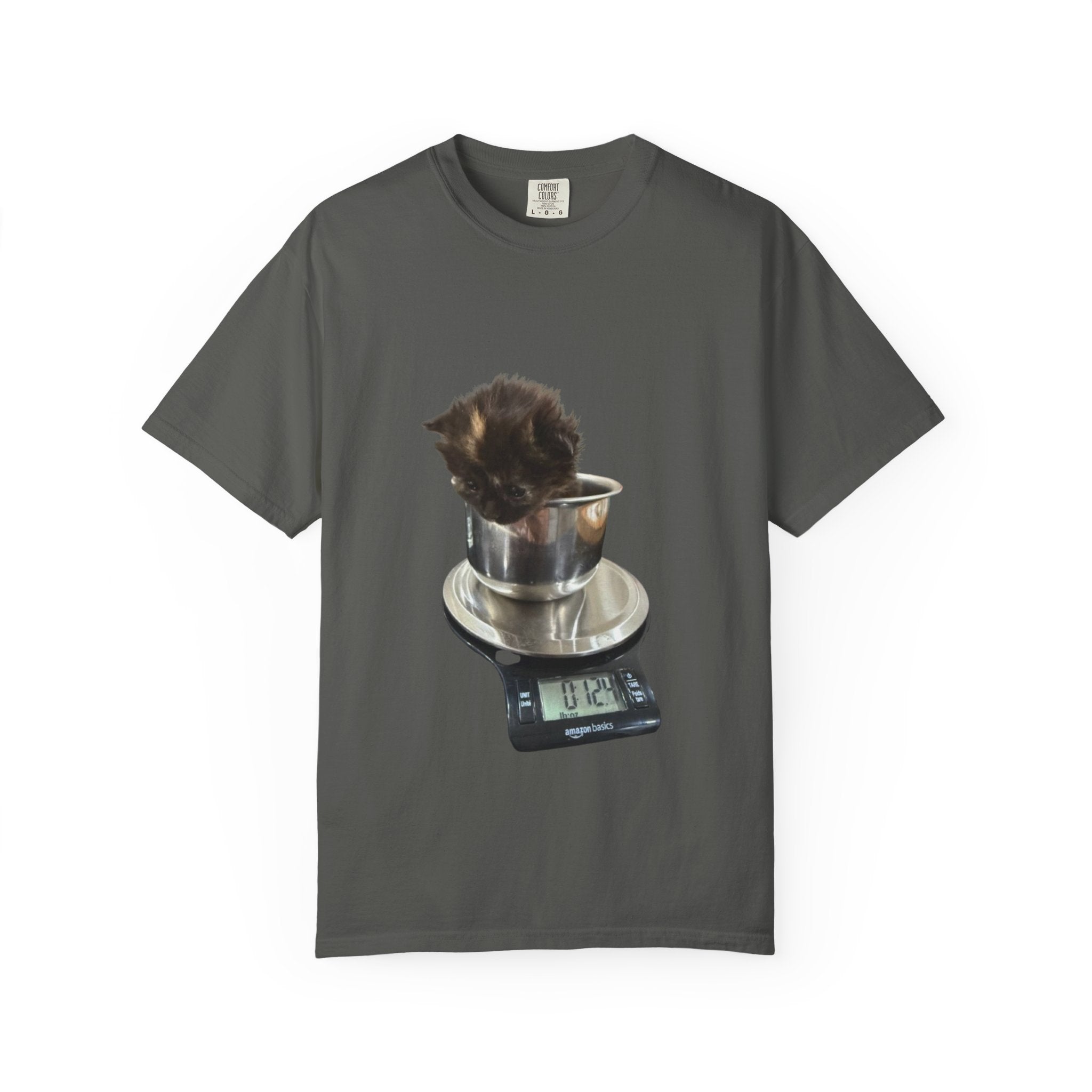Kitten on Kitchen Scale T-Shirt | Cute Cat Weighing Design