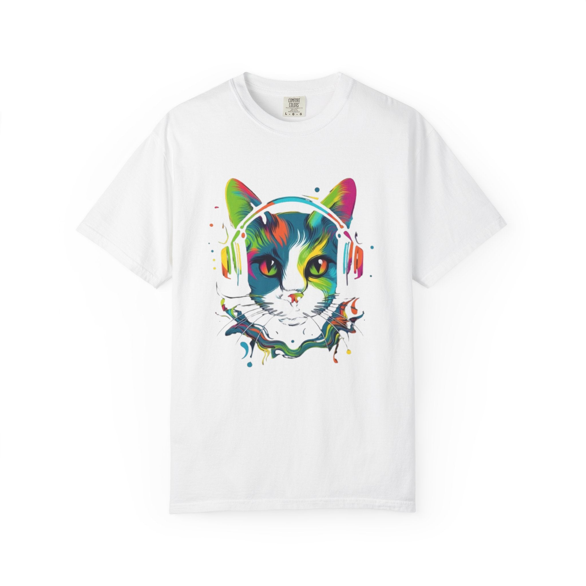Neon Cat with Headphones T-shirt | Colorful Music Cat Tee