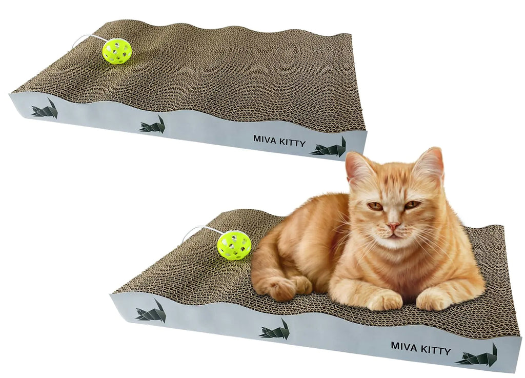 MIVA KITTY Premium Cat Scratching Board – 2 Pack Durable Cardboard Cat Scratcher with Play Toy & Catnip. Reversible Cat Scratch Pad for Kitty. Perfect Cat Scratch Solution for Indoor Cats.