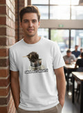 Model wearing white Smol But Mighty t-shirt with kitten in cup print